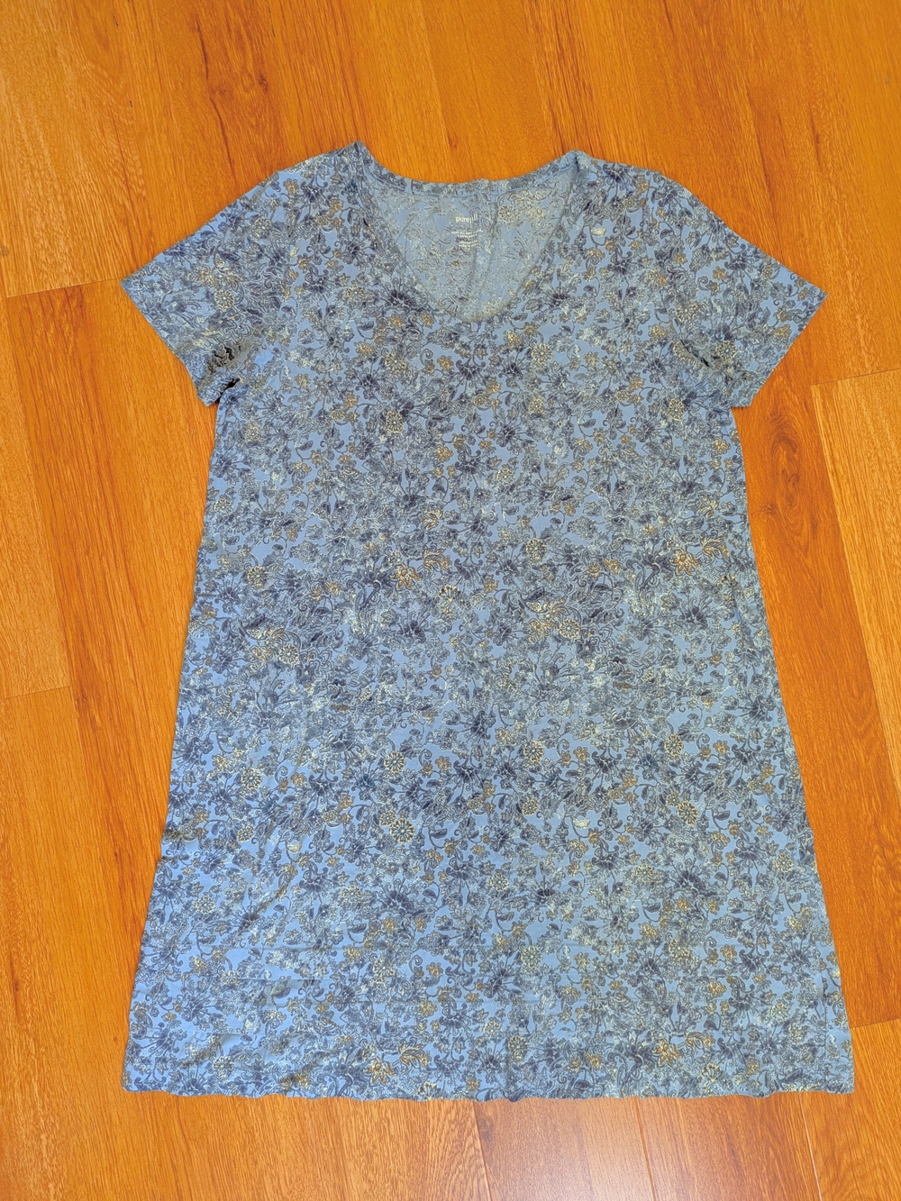 Pure Jill Soft V-Neck T-Shirt Dress Women's Size S Blue Floral Pockets Cotton